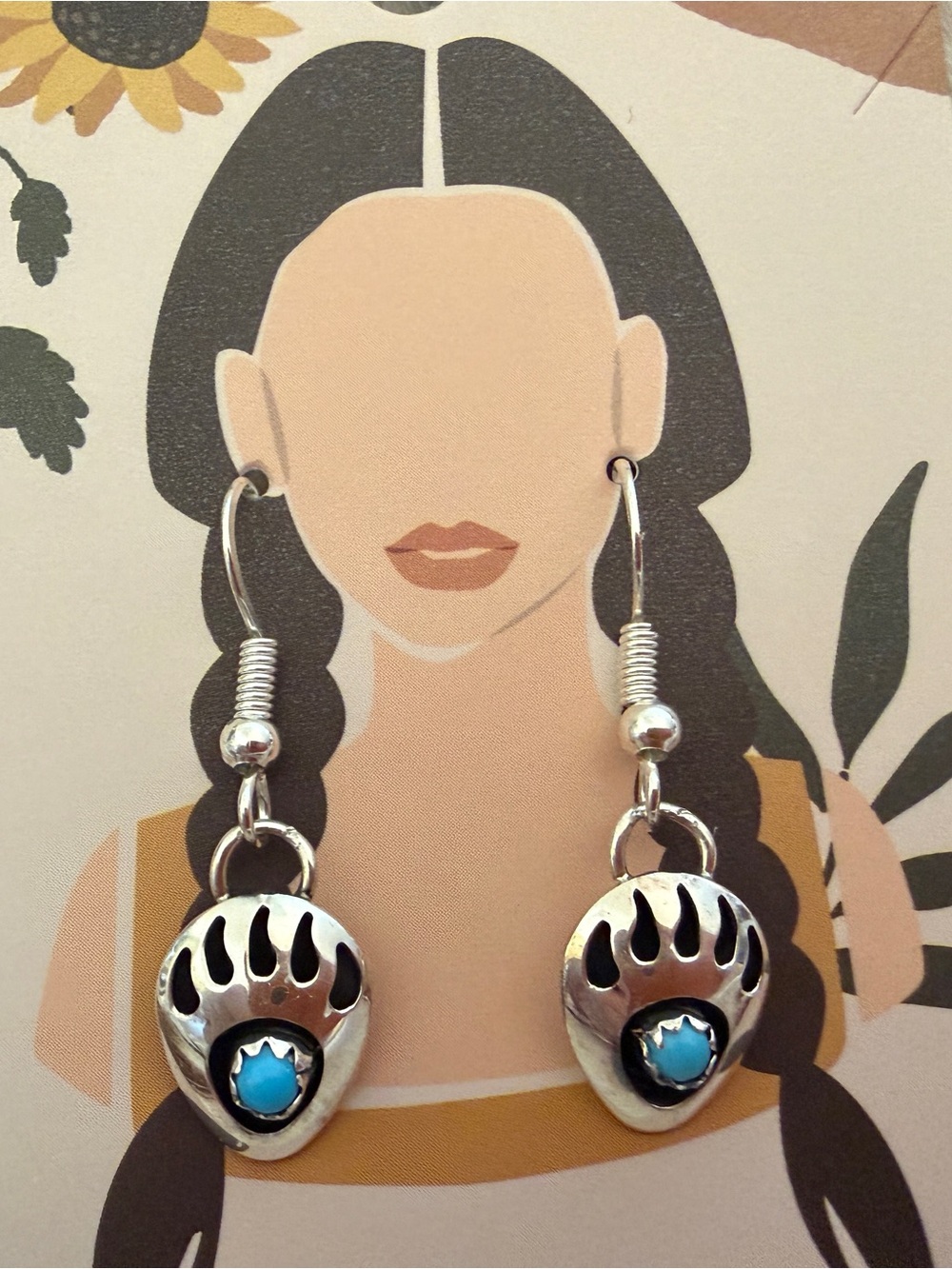 ❤️ Native Made Navajo Bear Paw Turquoise Sterling Silver Dangle Earrings 1.19”L
